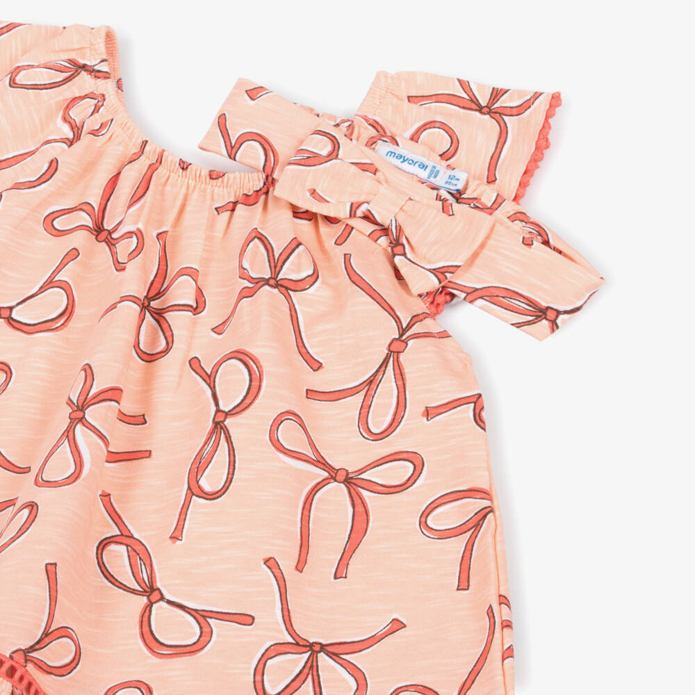 Mayoral-Girls Orange Bow Print Cotton Jersey Dress Set | Childrensalon