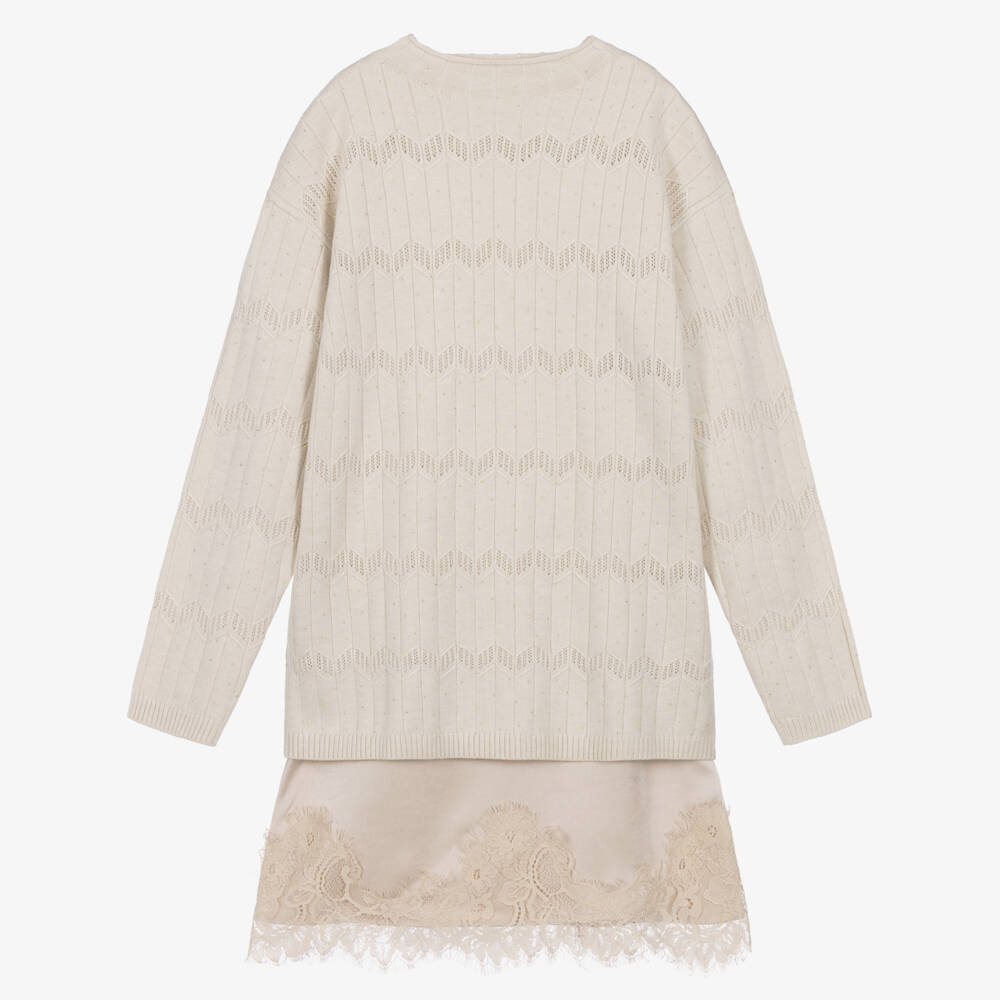 Mayoral-Girls Pale Beige Knitted Dress with Gold Diamantés | Childrensalon