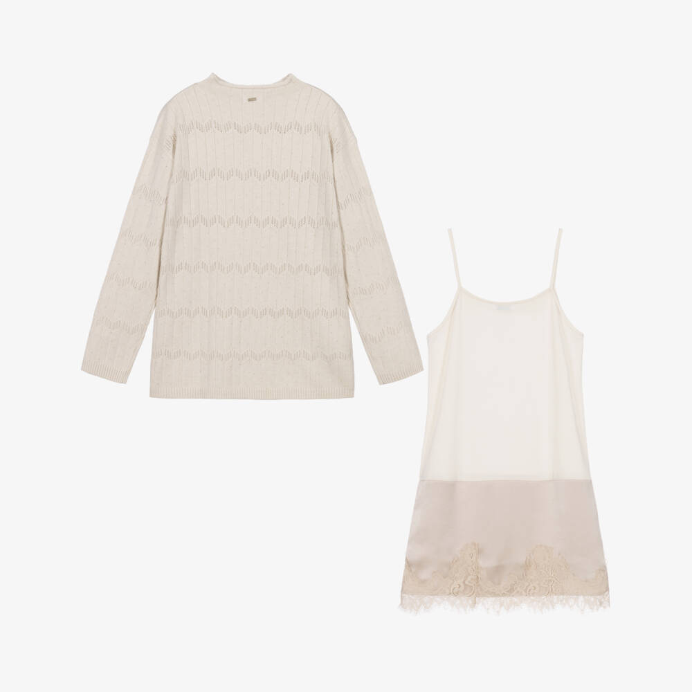 Mayoral-Girls Pale Beige Knitted Dress with Gold Diamantés | Childrensalon