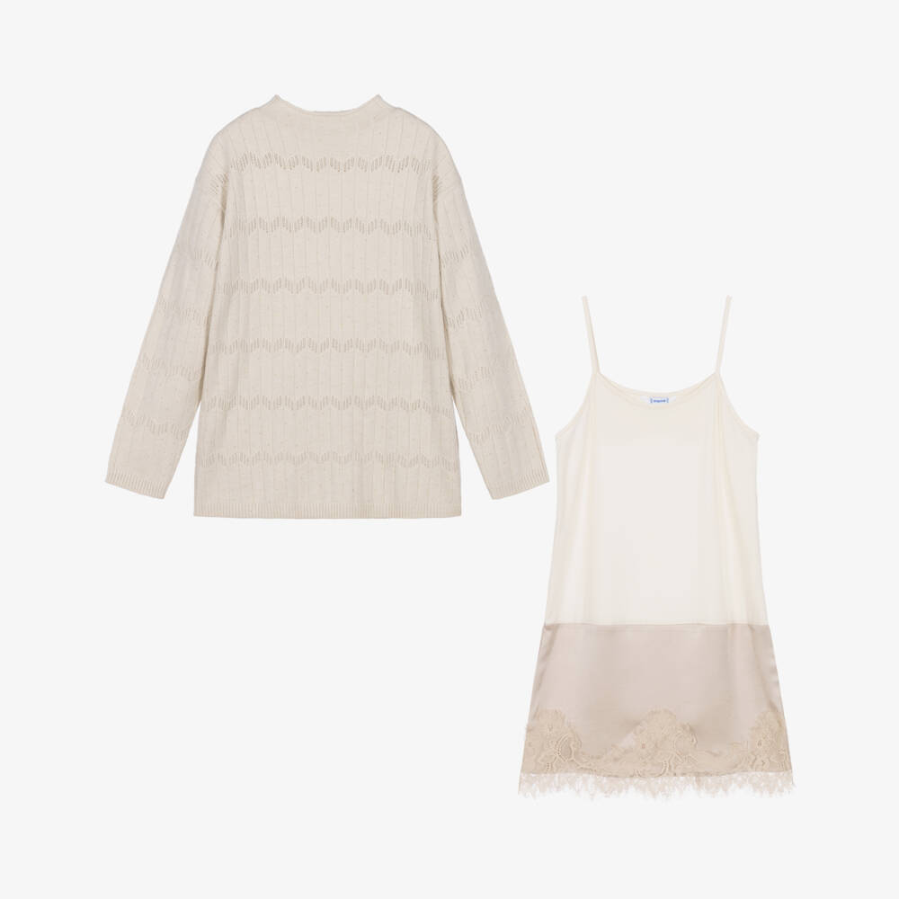 Mayoral-Girls Pale Beige Knitted Dress with Gold Diamantés | Childrensalon