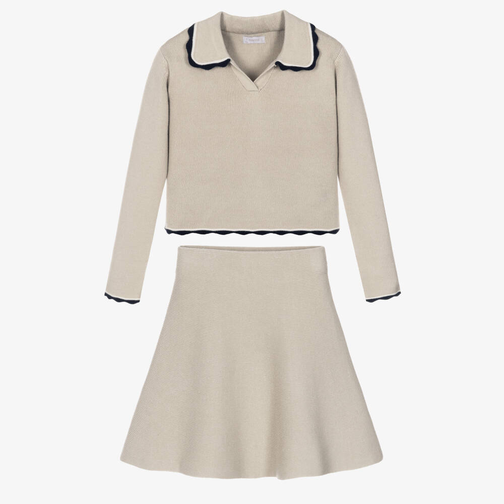 Mayoral-Girls Pale Beige Knitted Skirt Set | Childrensalon