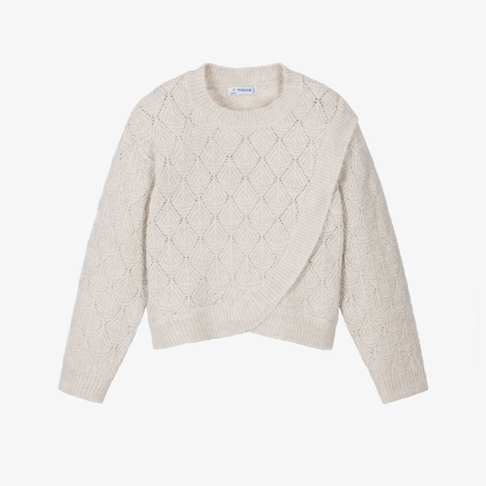 Mayoral-Girls Pale Beige Openwork Knit Sweater | Childrensalon