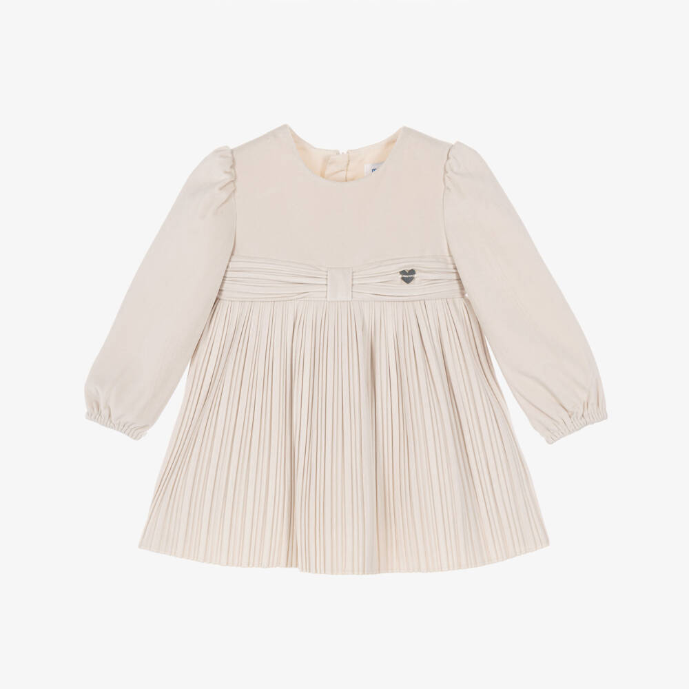 Mayoral-Girls Pale Beige Velvet Finely Pleated Dress | Childrensalon