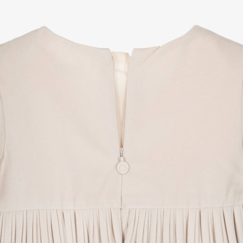 Mayoral-Girls Pale Beige Velvet Finely Pleated Dress | Childrensalon