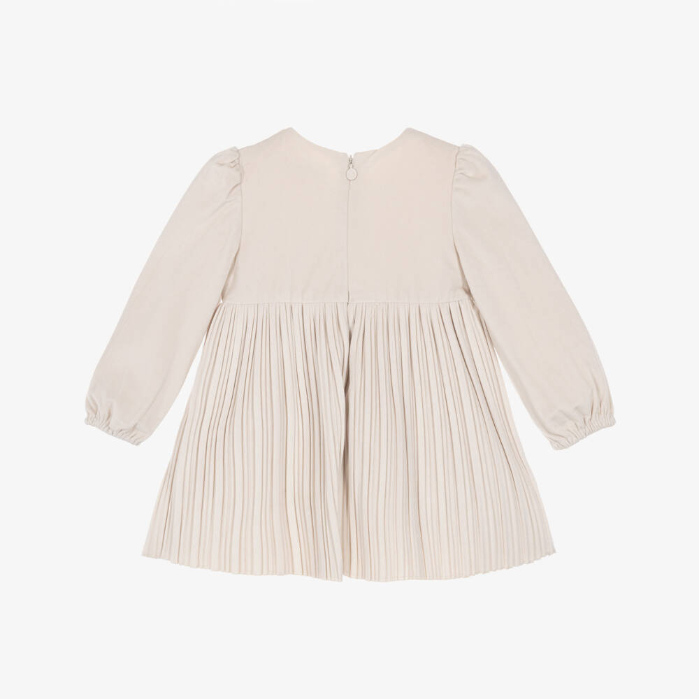 Mayoral-Girls Pale Beige Velvet Finely Pleated Dress | Childrensalon