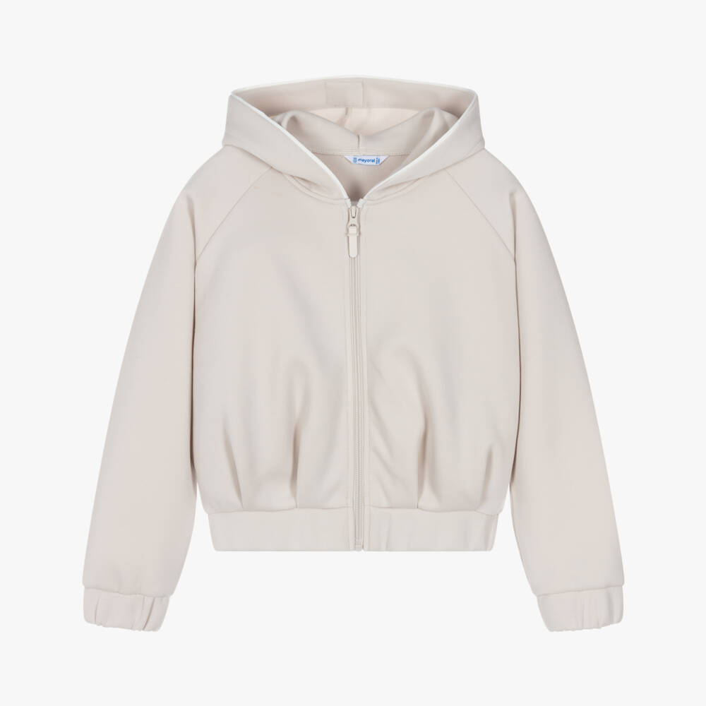 Mayoral-Girls Pale Beige Zip-Up Hooded Top | Childrensalon