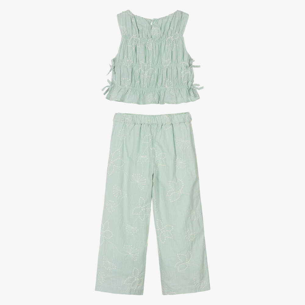 Mayoral-Girls Pale Green Embroidered Cotton Trouser Set | Childrensalon