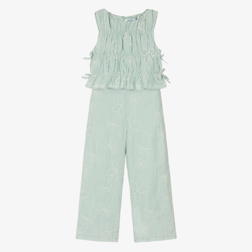 Mayoral-Girls Pale Green Embroidered Cotton Trouser Set | Childrensalon