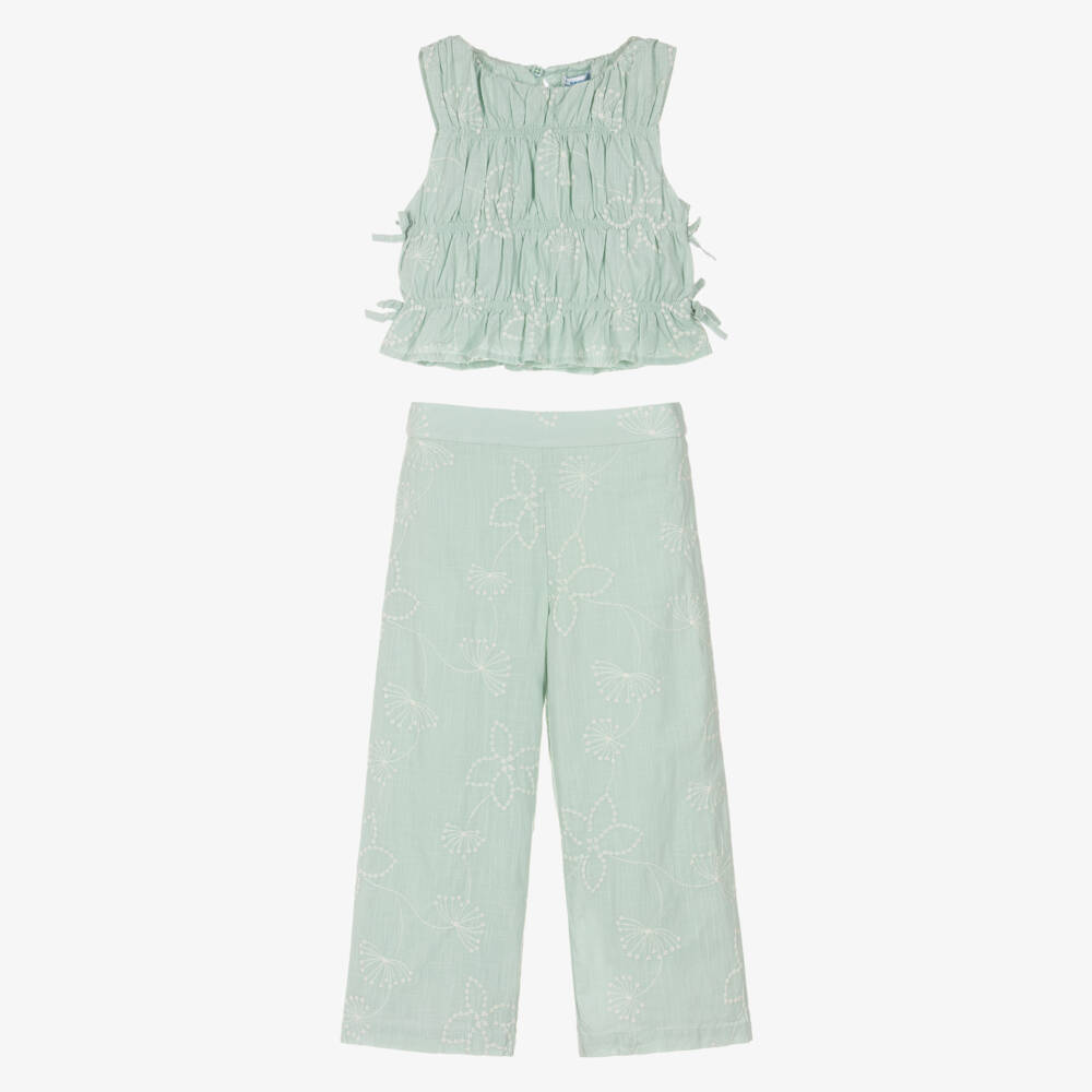 Mayoral-Girls Pale Green Embroidered Cotton Trouser Set | Childrensalon