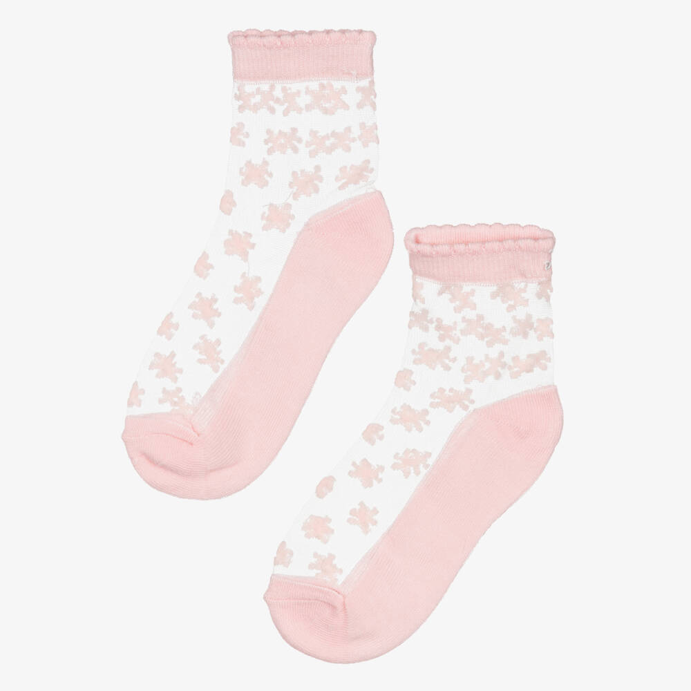 Mayoral-Girls Pale Pink Floral Flocked Mesh Ankle Socks | Childrensalon