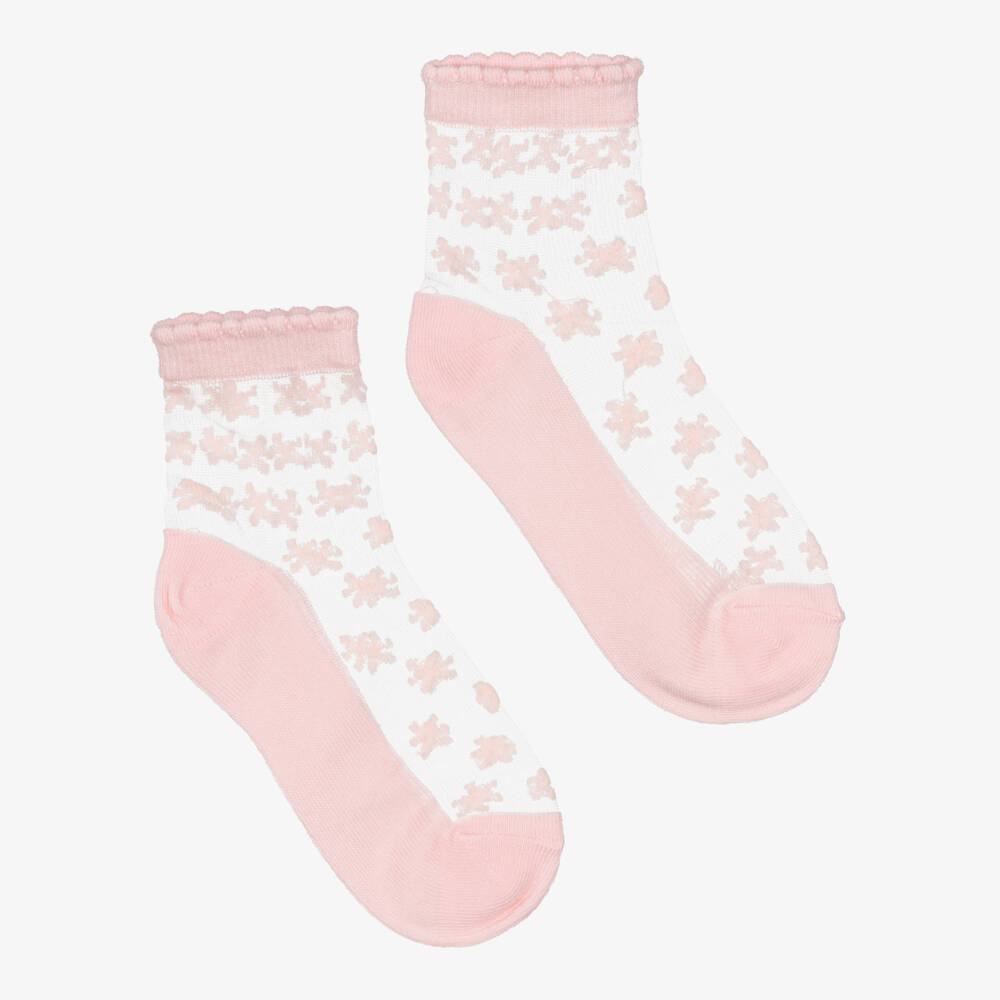Mayoral-Girls Pale Pink Floral Flocked Mesh Ankle Socks | Childrensalon
