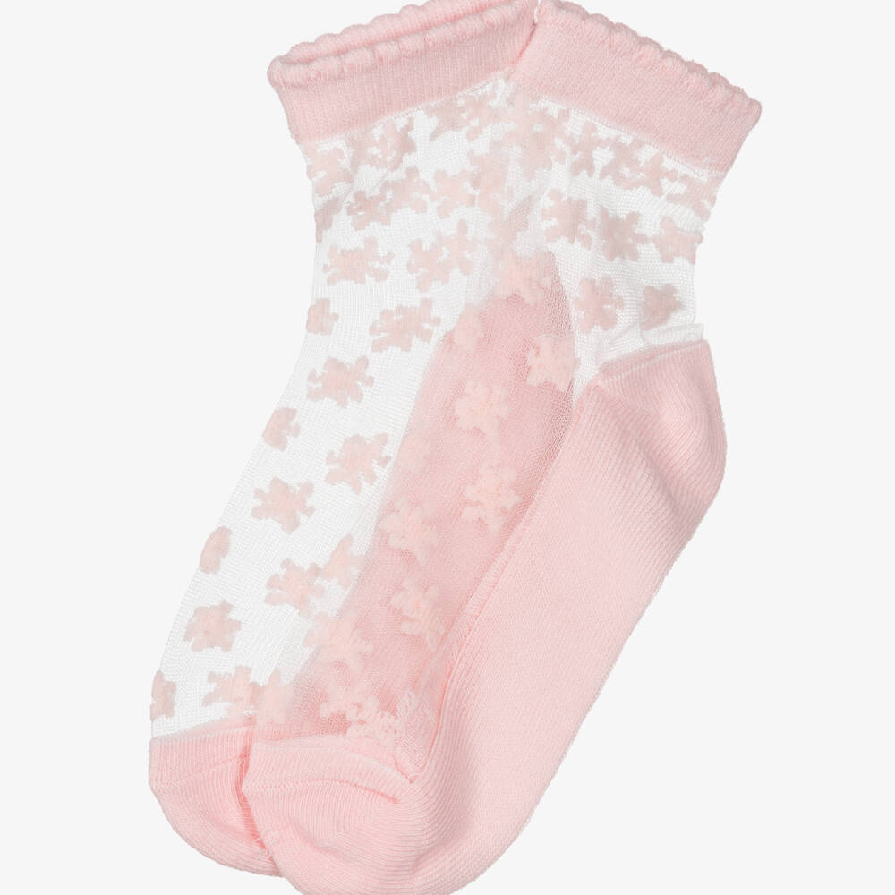 Mayoral-Girls Pale Pink Floral Flocked Mesh Ankle Socks | Childrensalon