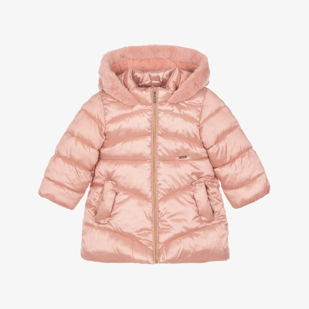 Mayoral-Girls Pale Pink Puffer Coat with Faux Fur Trim | Childrensalon