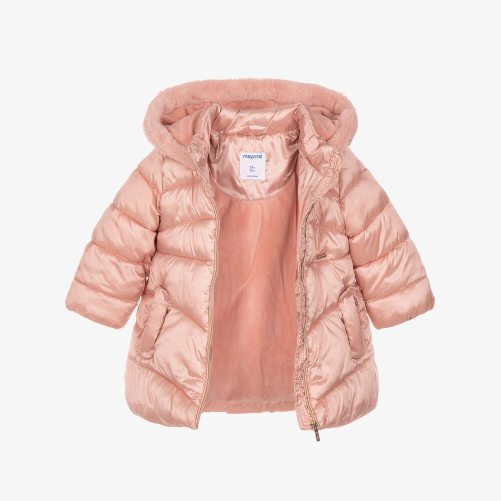 Mayoral-Girls Pale Pink Puffer Coat with Faux Fur Trim | Childrensalon