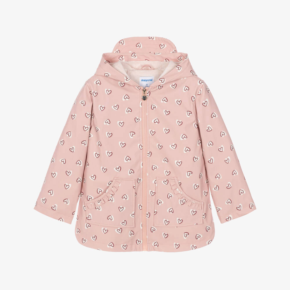 Mayoral-Girls Pale Pink Raincoat with Burgundy Heart Prints | Childrensalon