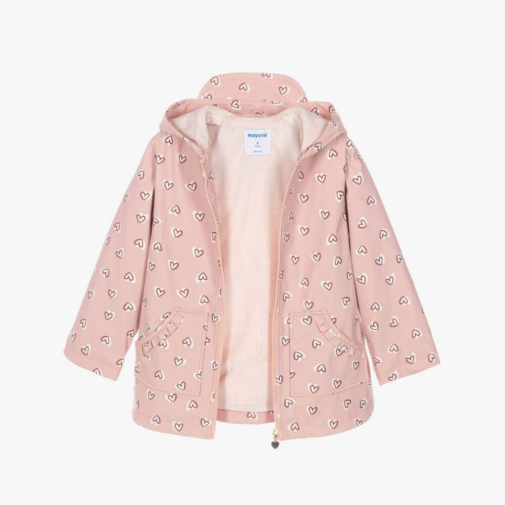 Mayoral-Girls Pale Pink Raincoat with Burgundy Heart Prints | Childrensalon