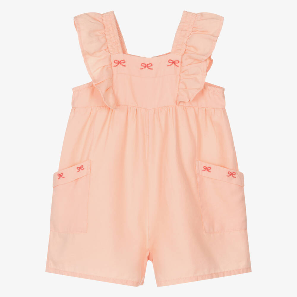 Mayoral-Girls Peach Cotton Twill Playsuit with Embroidered Bows | Childrensalon