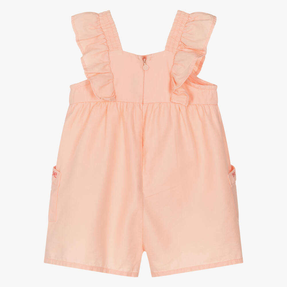 Mayoral-Girls Peach Cotton Twill Playsuit with Embroidered Bows | Childrensalon