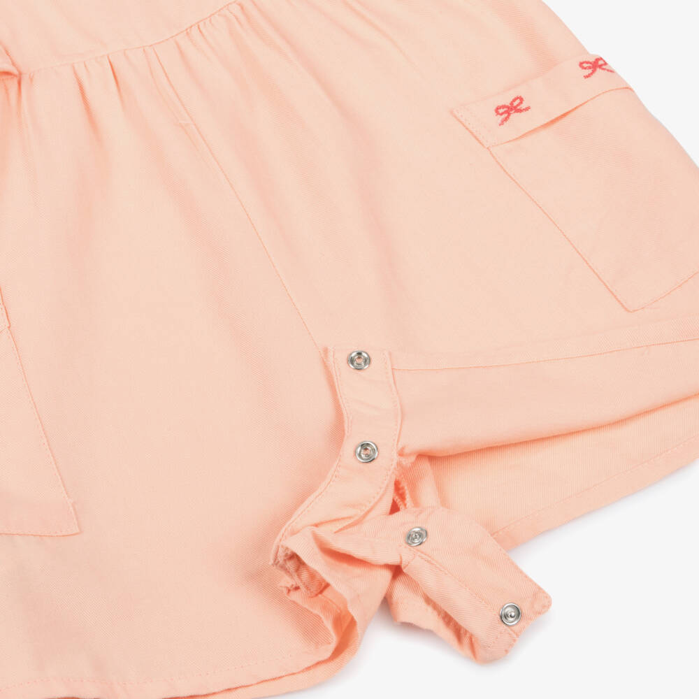 Mayoral-Girls Peach Cotton Twill Playsuit with Embroidered Bows | Childrensalon