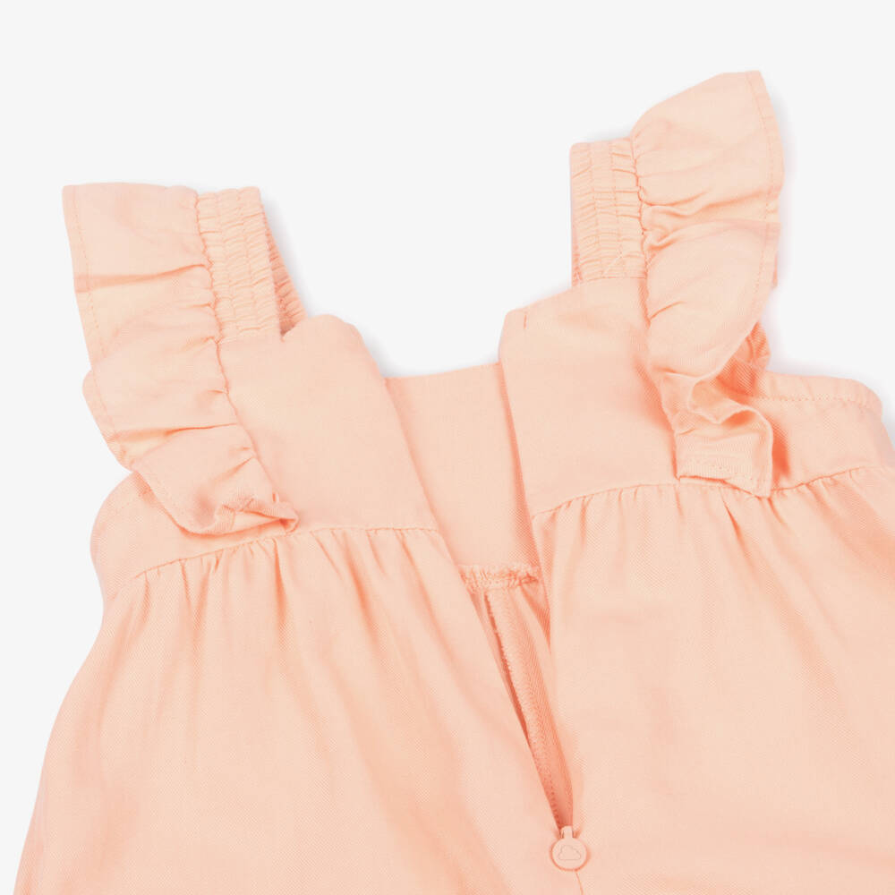 Mayoral-Girls Peach Cotton Twill Playsuit with Embroidered Bows | Childrensalon