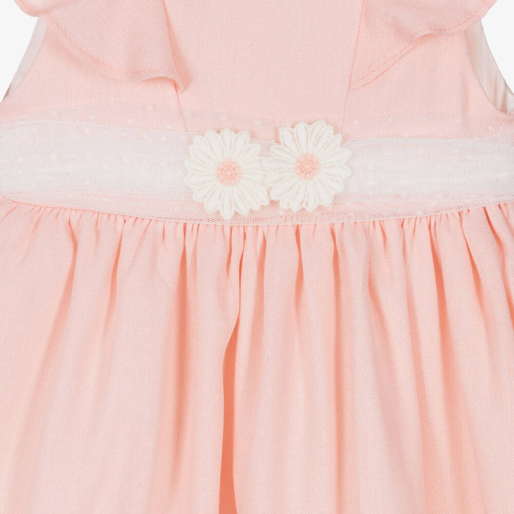 Mayoral-Girls Peach Pink Dress with Ivory Tulle Sash Belt | Childrensalon