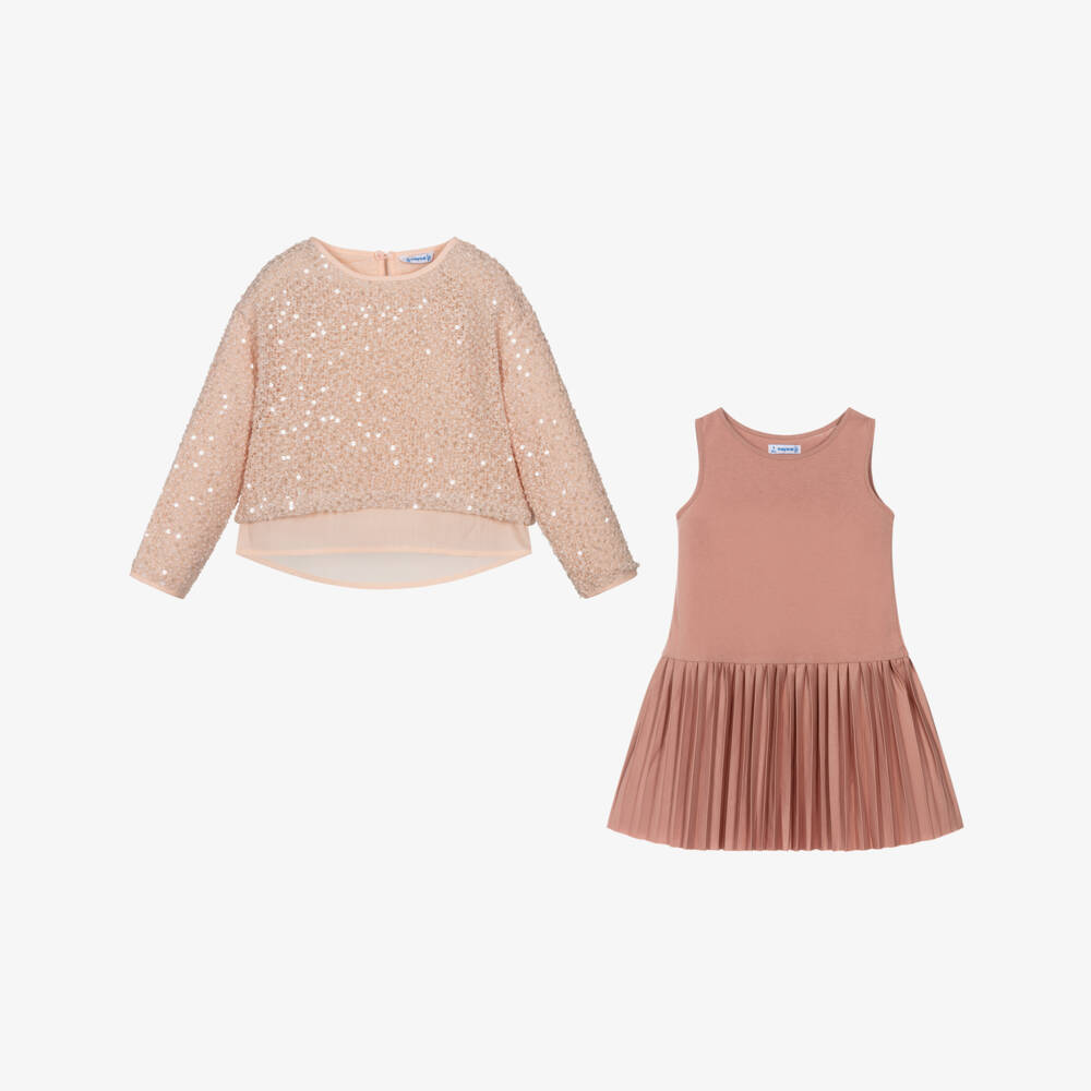 Mayoral-Girls Peach Pink Sequin Pleated Dress Set | Childrensalon