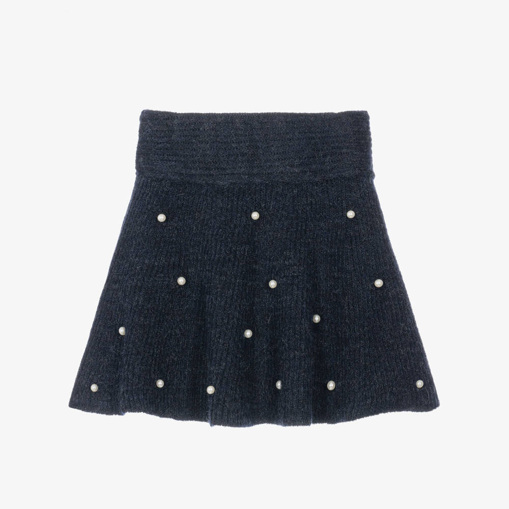 Mayoral-Girls Pearl-Embellished Knitted Skirt in Navy Blue | Childrensalon