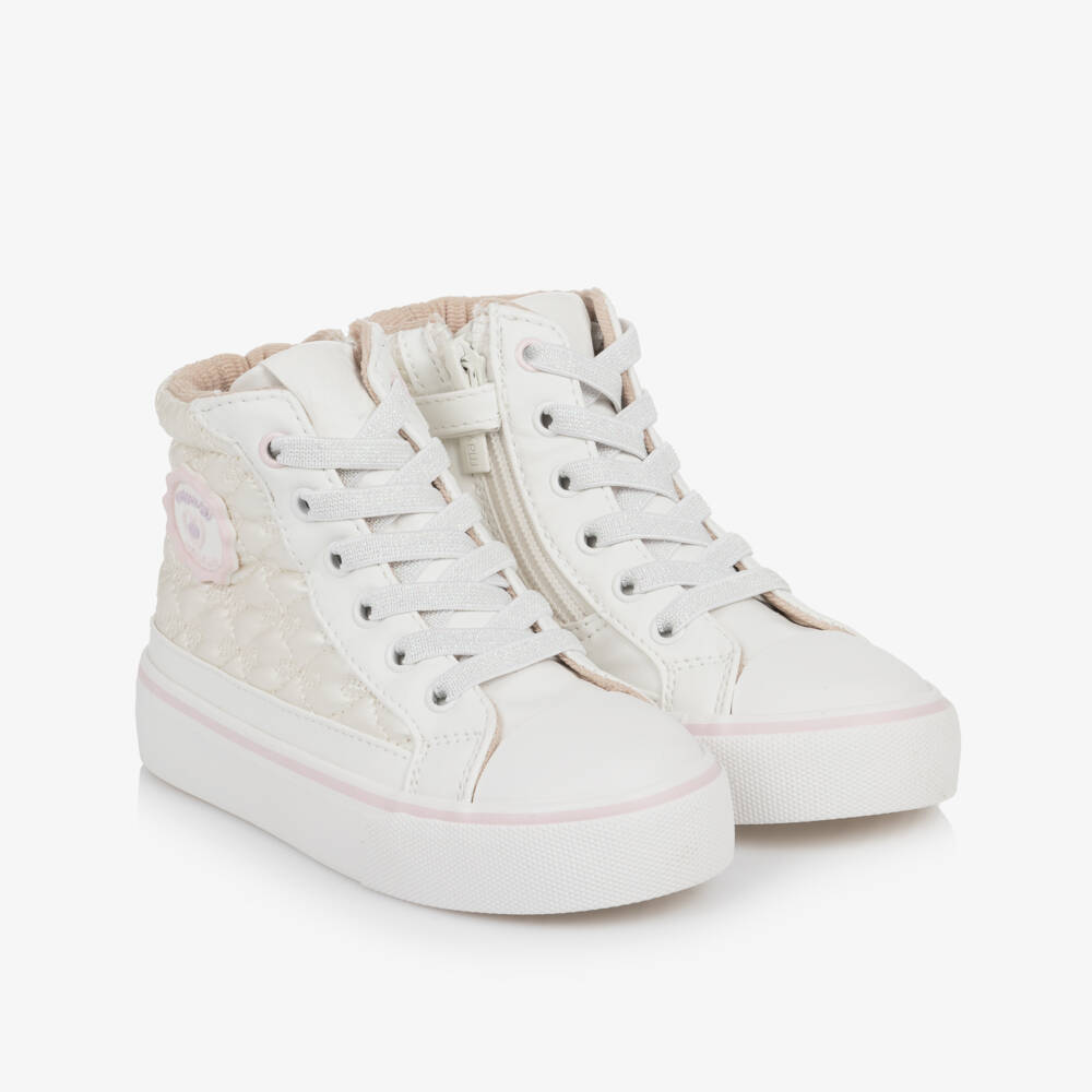 Mayoral-Girls Pearlescent White High-Top Quilted Bow Trainers | Childrensalon