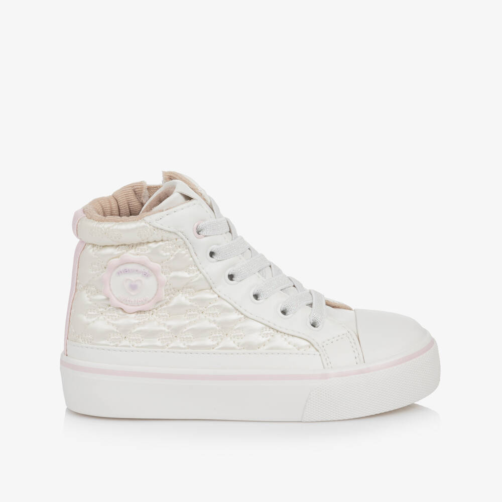 Mayoral-Girls Pearlescent White High-Top Quilted Bow Trainers | Childrensalon