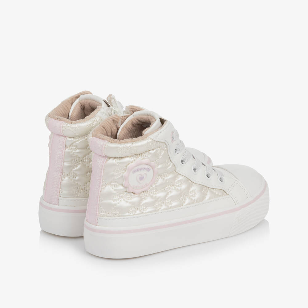 Mayoral-Girls Pearlescent White High-Top Quilted Bow Trainers | Childrensalon