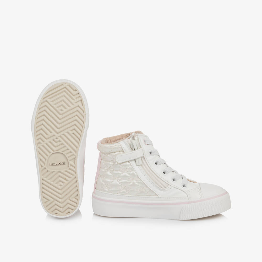 Mayoral-Girls Pearlescent White High-Top Quilted Bow Trainers | Childrensalon