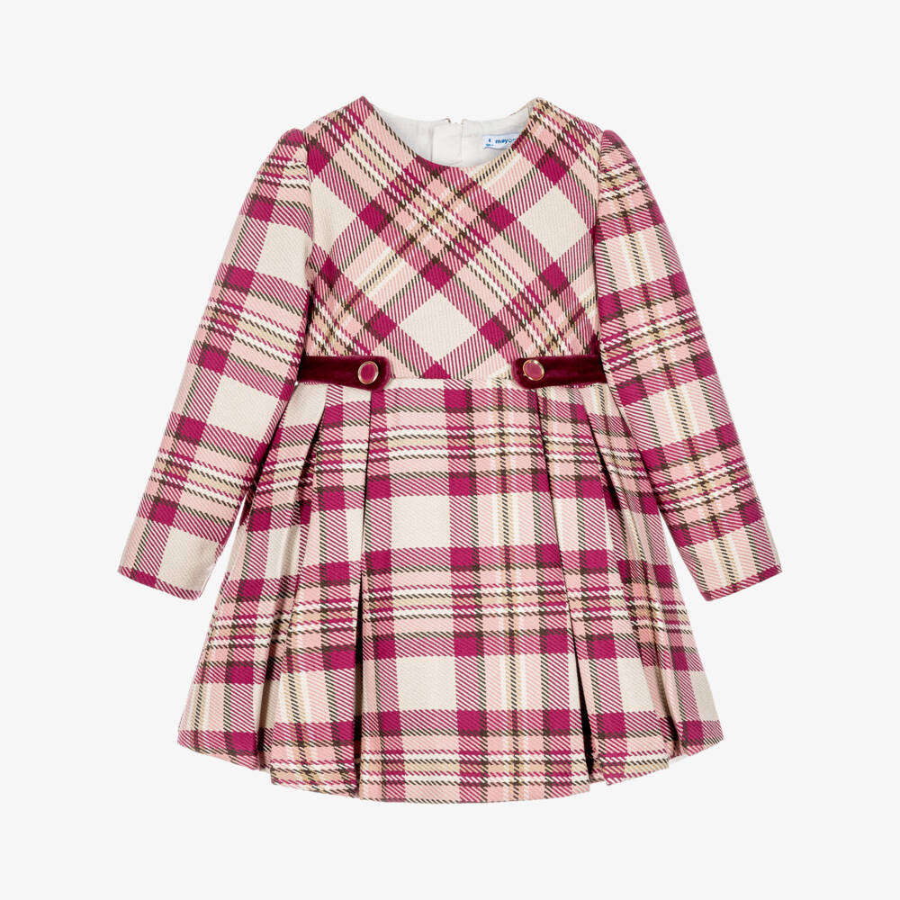 Mayoral-Girls Pink & Beige Check Dress  | Childrensalon