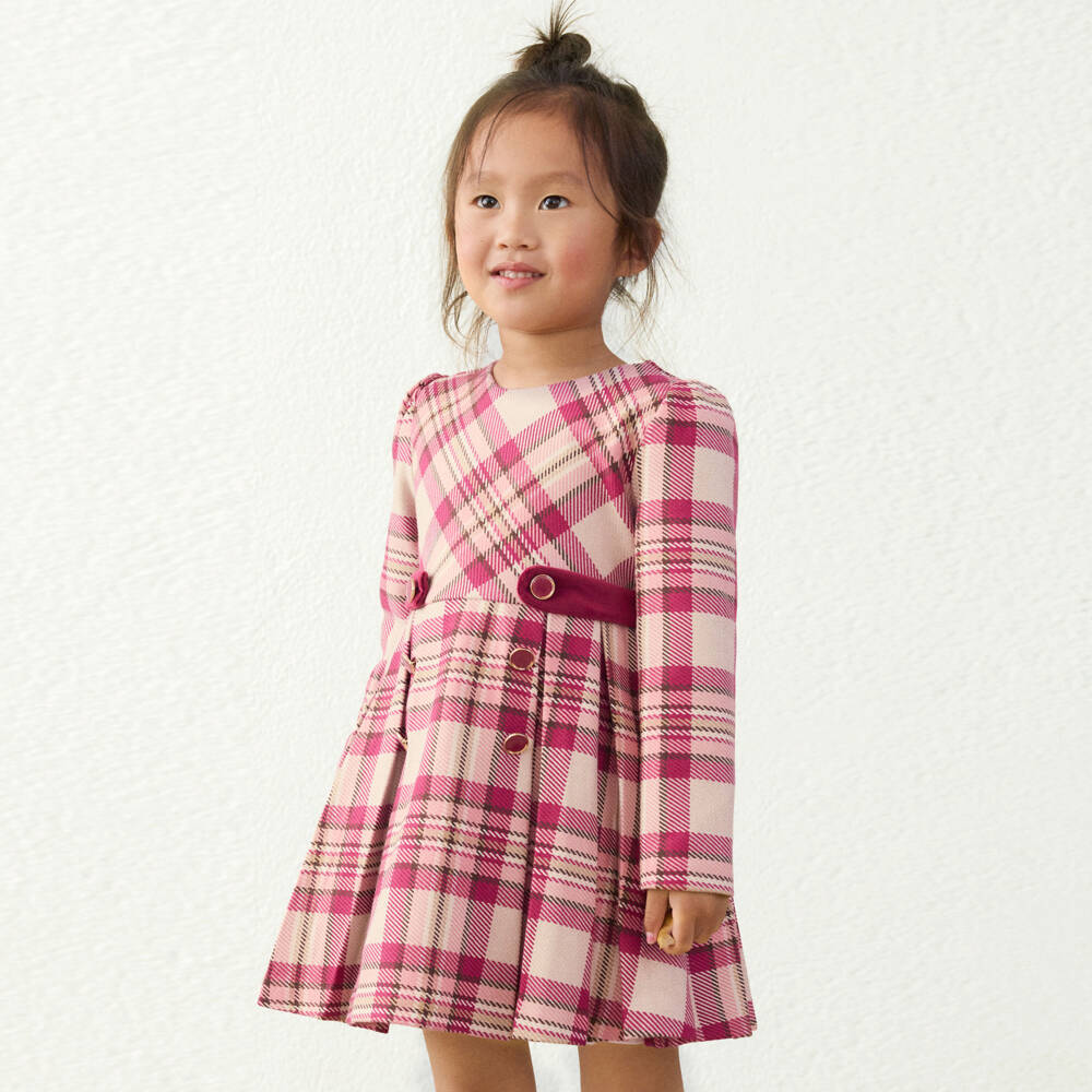 Mayoral-Girls Pink & Beige Check Dress | Childrensalon