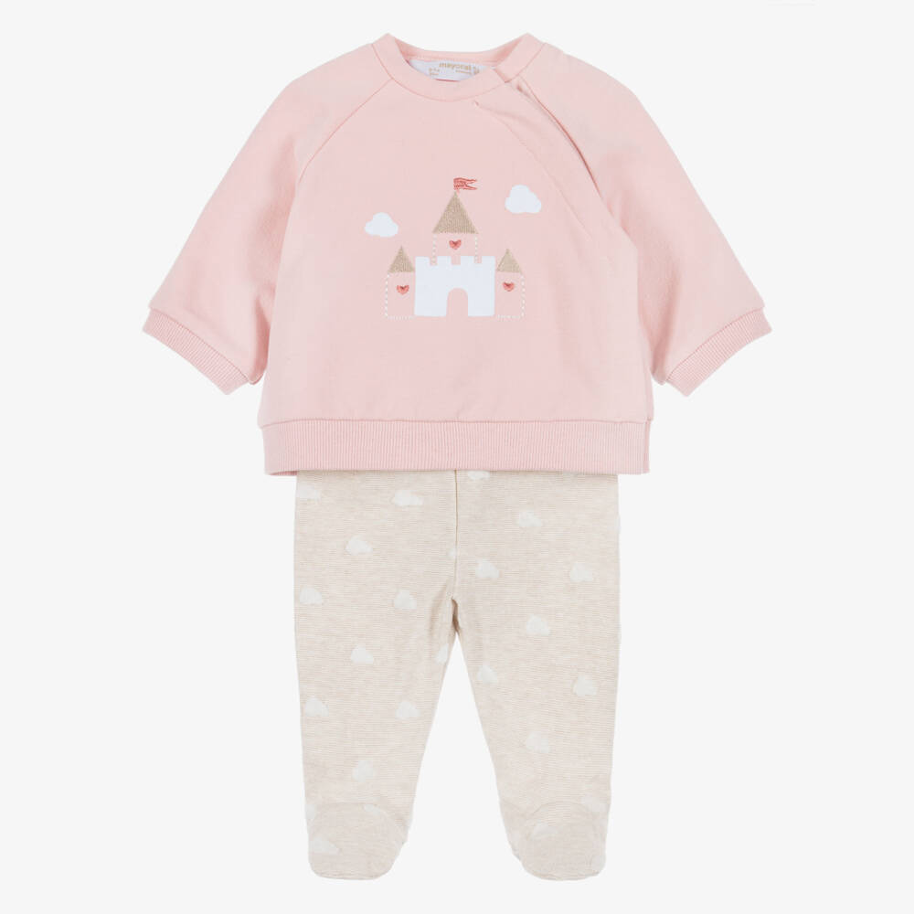 Mayoral Newborn-Girls Pink & Beige Cotton 2-Piece Babygrow | Childrensalon