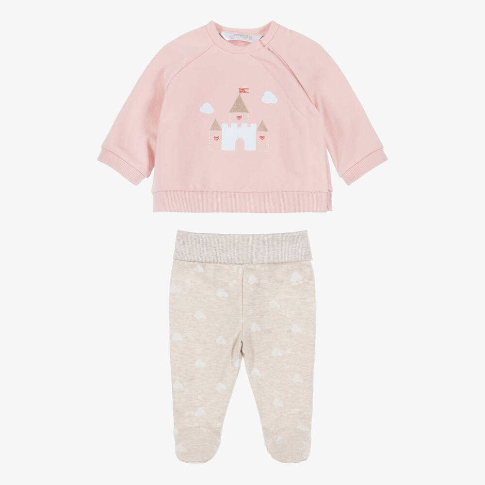 Mayoral Newborn-Girls Pink & Beige Cotton 2-Piece Babygrow | Childrensalon