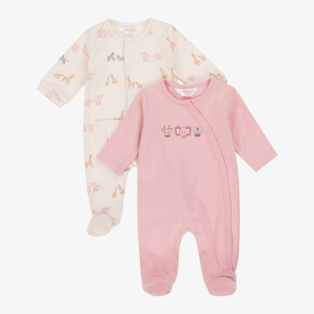 Mayoral Newborn-Girls Pink & Beige Cotton Babygrows (2 Pack) | Childrensalon