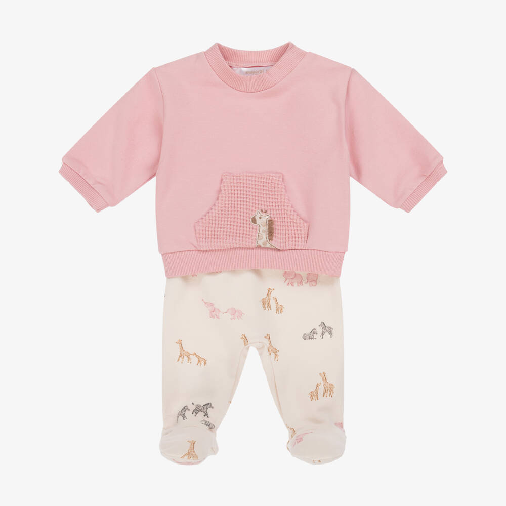 Mayoral Newborn-Girls Pink & Beige Safari Animal 2 Piece Babygrow | Childrensalon