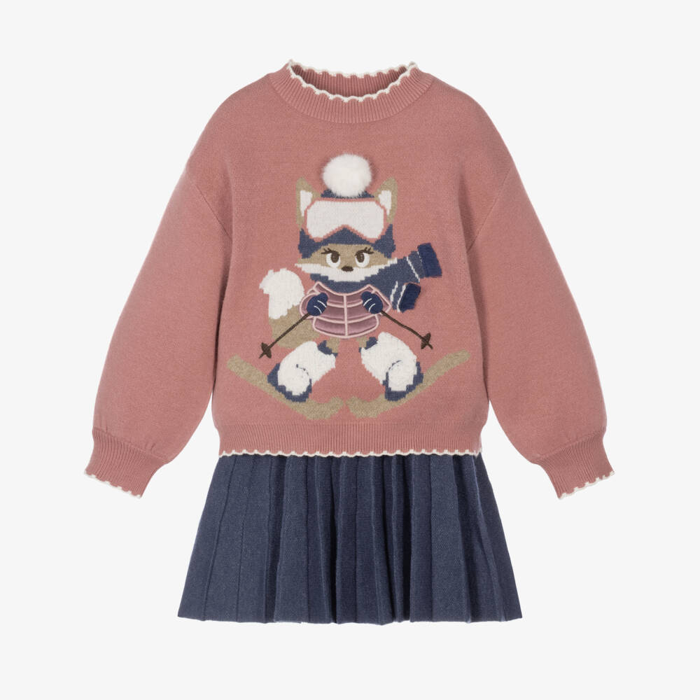 Mayoral-Girls Pink & Blue Skiing Fox Skirt Set | Childrensalon