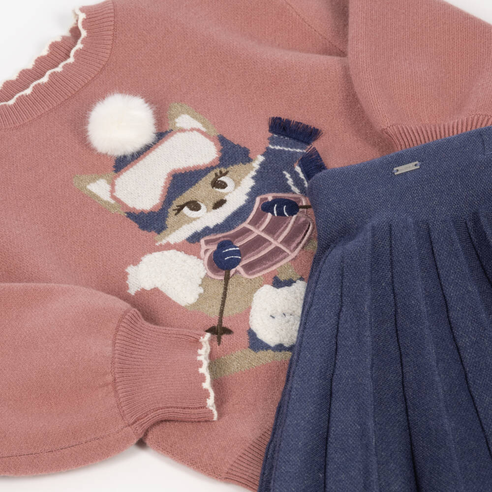 Mayoral-Girls Pink & Blue Skiing Fox Skirt Set | Childrensalon