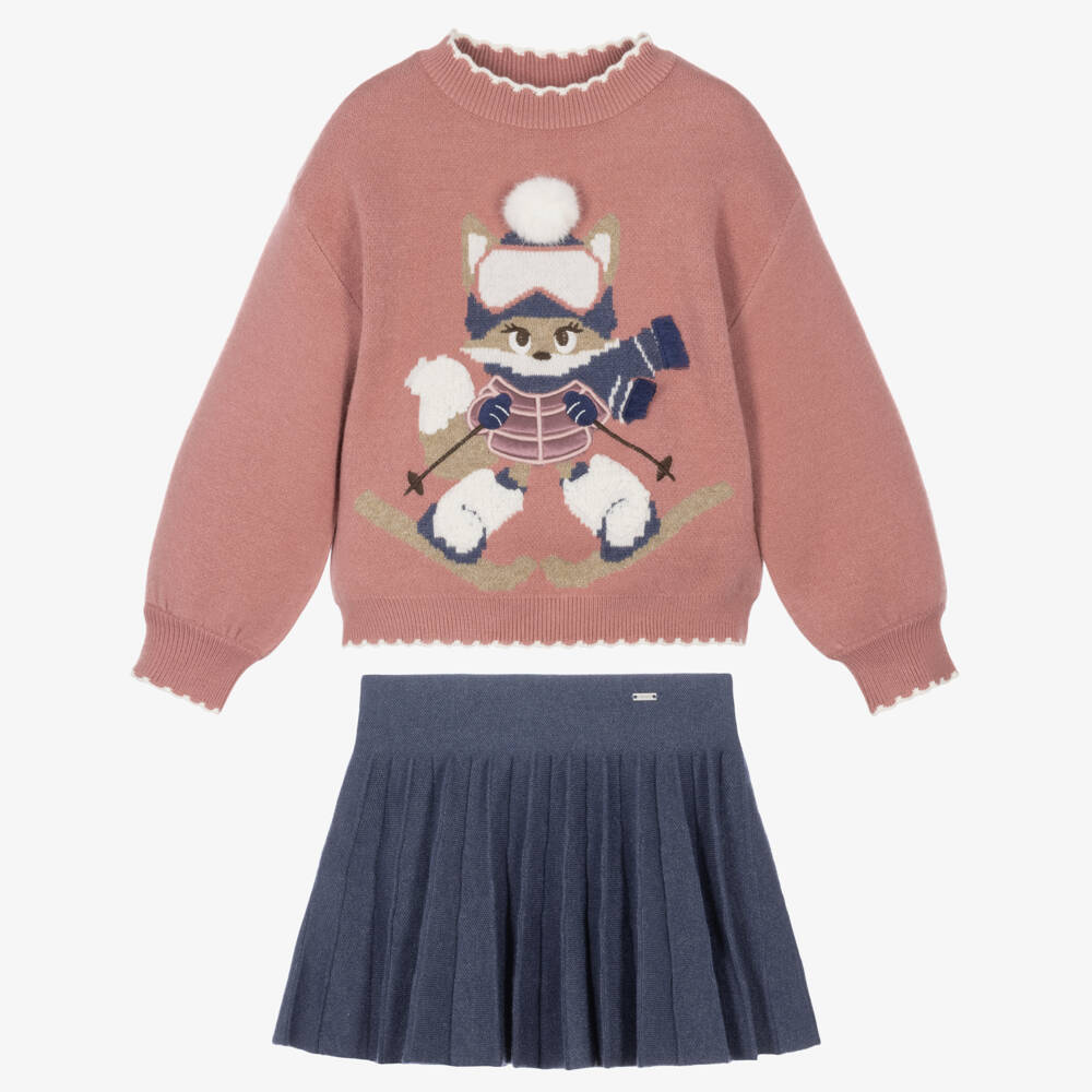 Mayoral-Girls Pink & Blue Skiing Fox Skirt Set | Childrensalon