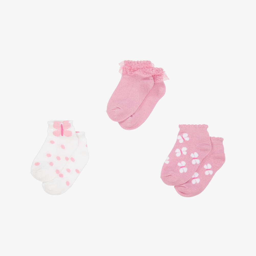 Mayoral-Girls Pink Cotton Butterfly Socks (3 Pack) | Childrensalon