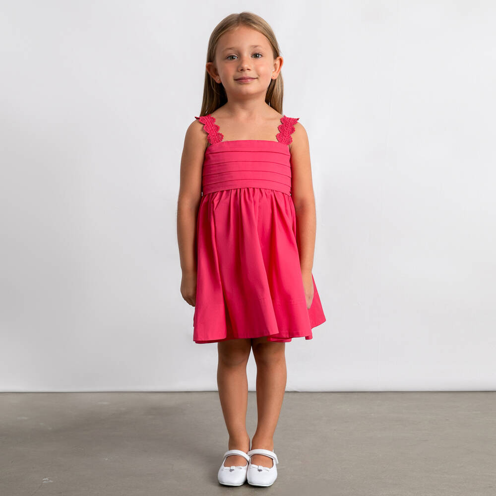 Mayoral-Girls Pink Cotton Dress with Lace Trim | Childrensalon