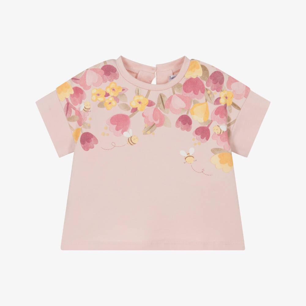Mayoral-Футболка розовая хлопковая с цветами и пчелами для девочек | Childrensalon