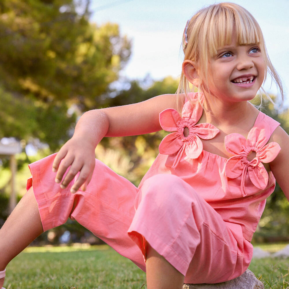 Mayoral-Girls Pink Cotton Flower Detail Trouser Set | Childrensalon