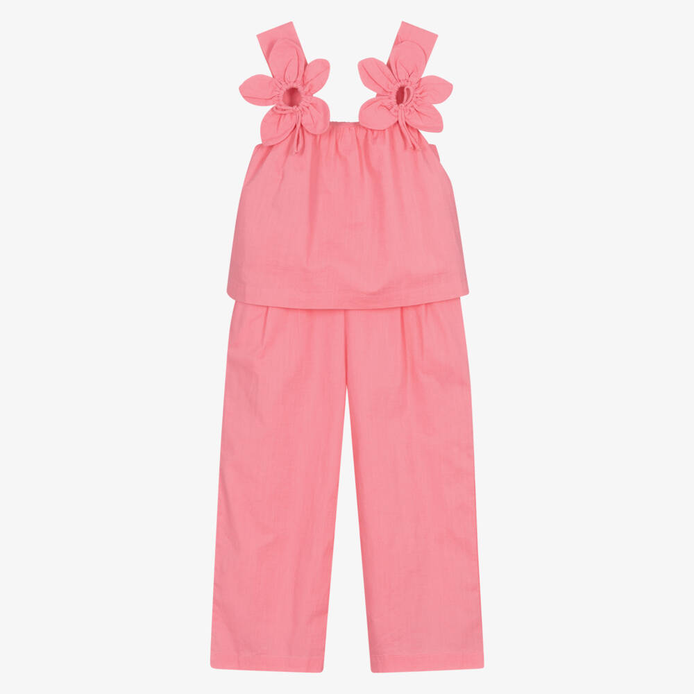 Mayoral-Girls Pink Cotton Flower Detail Trouser Set | Childrensalon