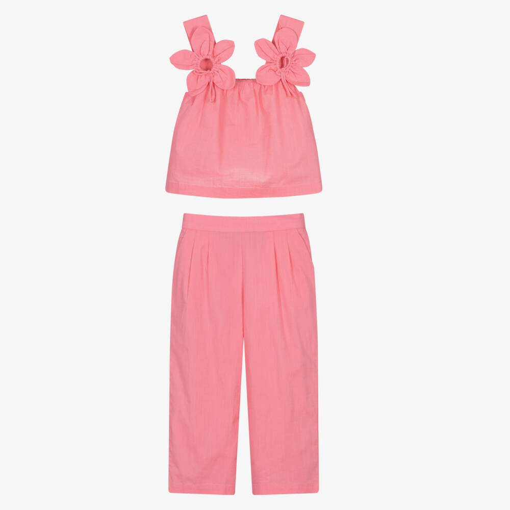 Mayoral-Girls Pink Cotton Flower Detail Trouser Set | Childrensalon