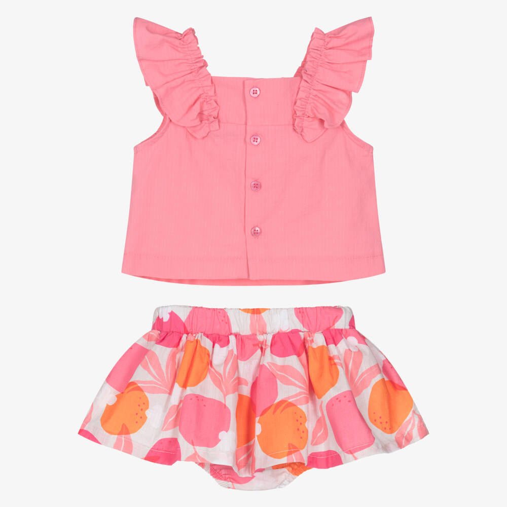 Mayoral-Girls Pink Cotton Fruit Print Skirt Set | Childrensalon