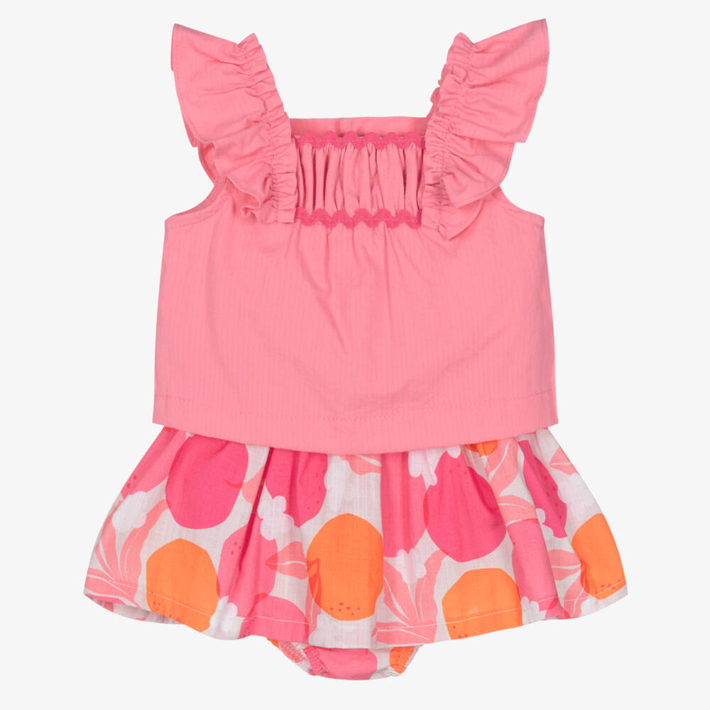 Mayoral-Girls Pink Cotton Fruit Print Skirt Set | Childrensalon
