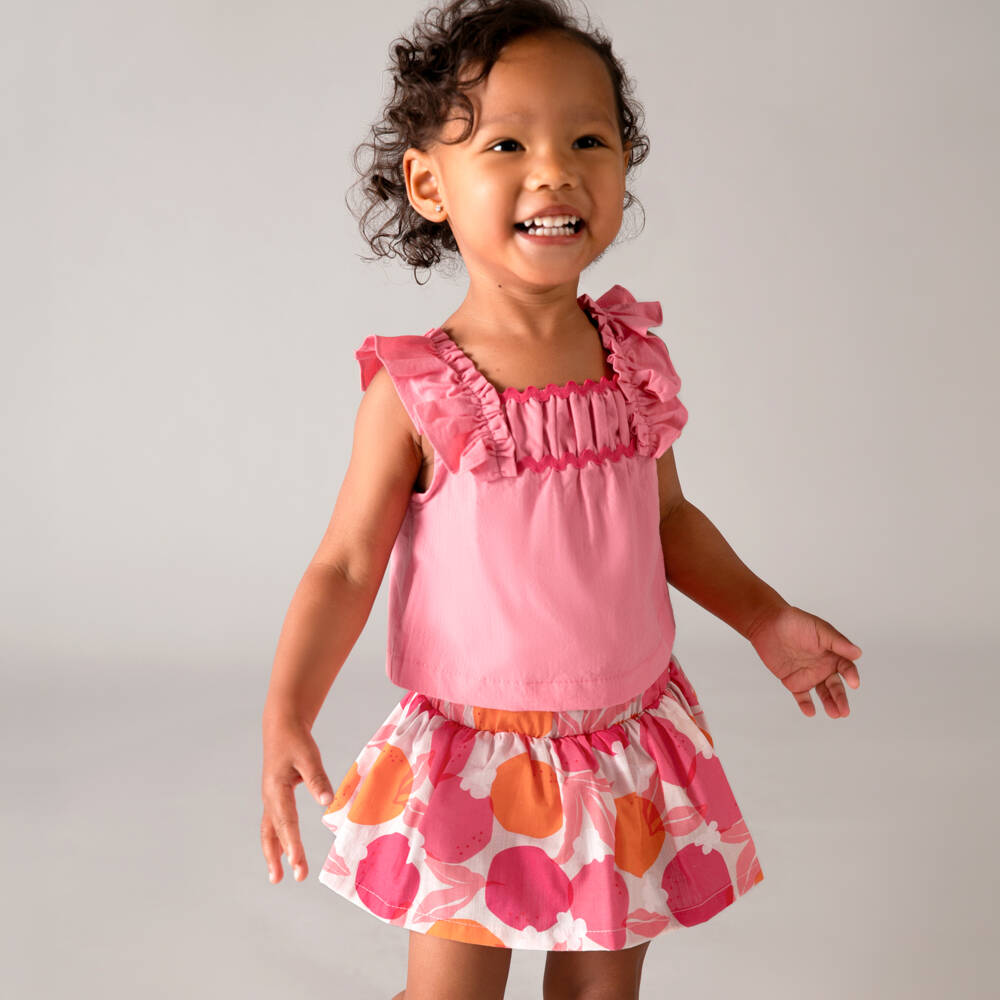 Mayoral-Girls Pink Cotton Fruit Print Skirt Set | Childrensalon