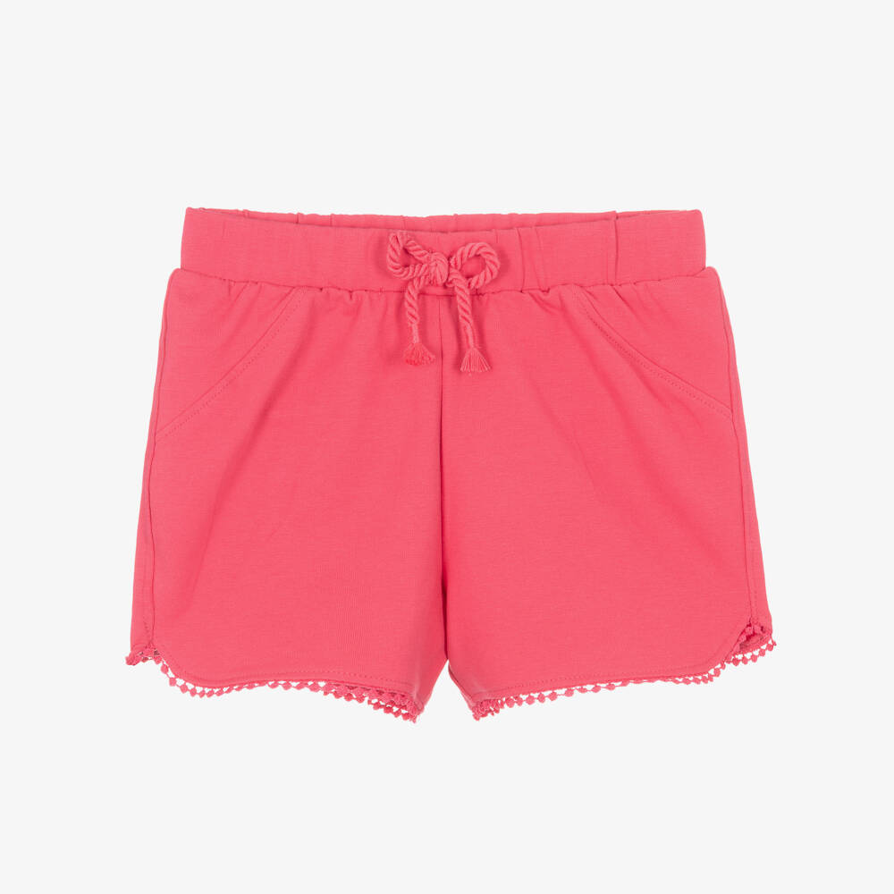 Mayoral-Girls Pink Cotton Jersey Shorts with Pom Pom Trim | Childrensalon